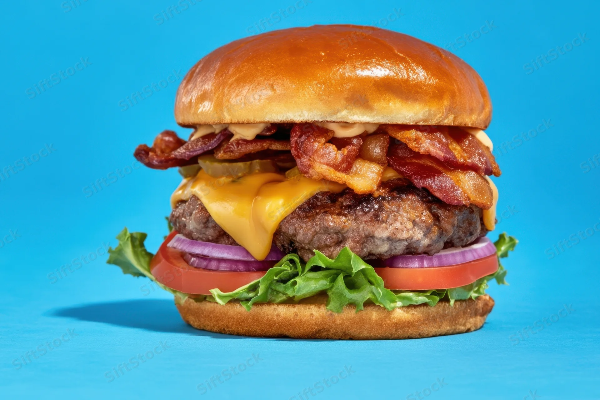A cheeseburger with bacon, lettuce, tomato and onion on a glossy bun against a blue background