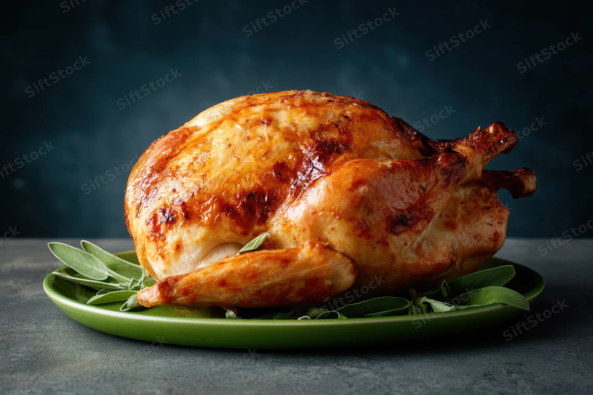 Roasted turkey on a green plate with sage leaves on a dark surface