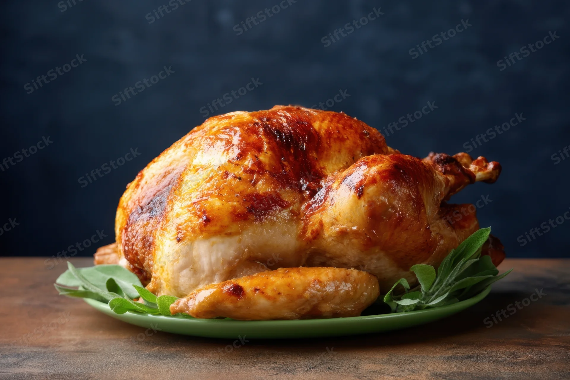 Roasted turkey on a green plate with sage leaves on a wooden table