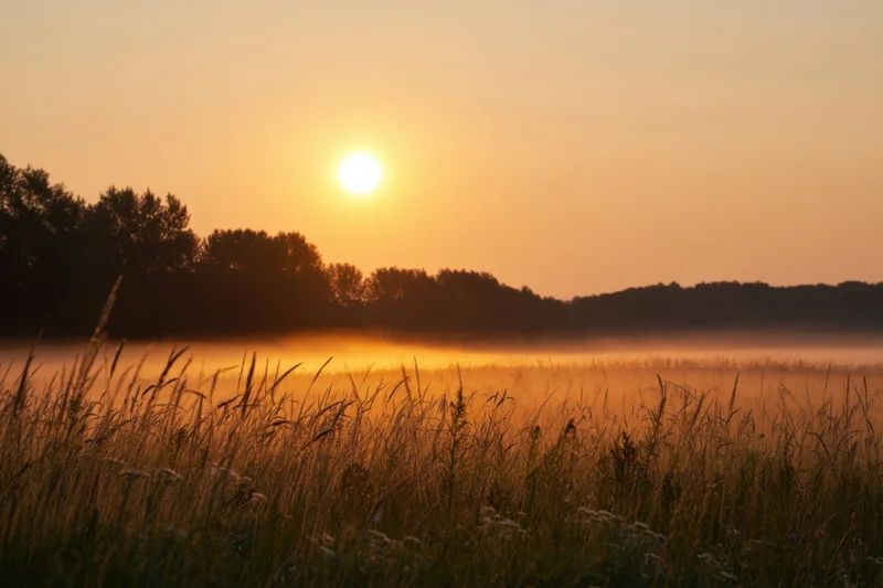 Golden sunrise over a misty meadow with tall grasses and trees in silhouette