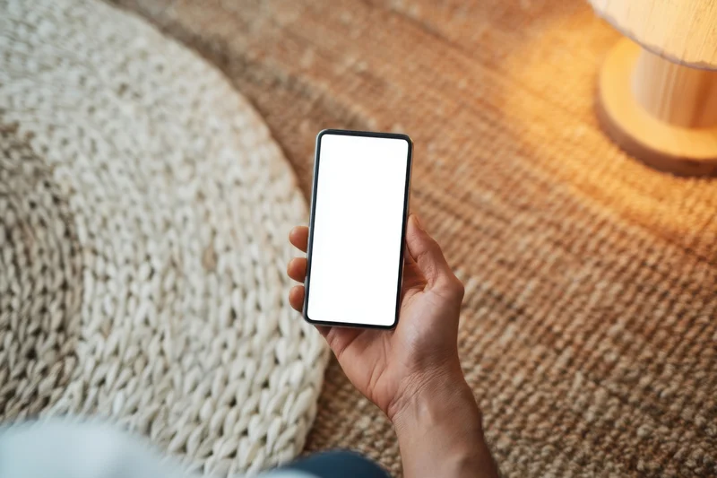 Hand holding smartphone with blank screen above woven rug in living room