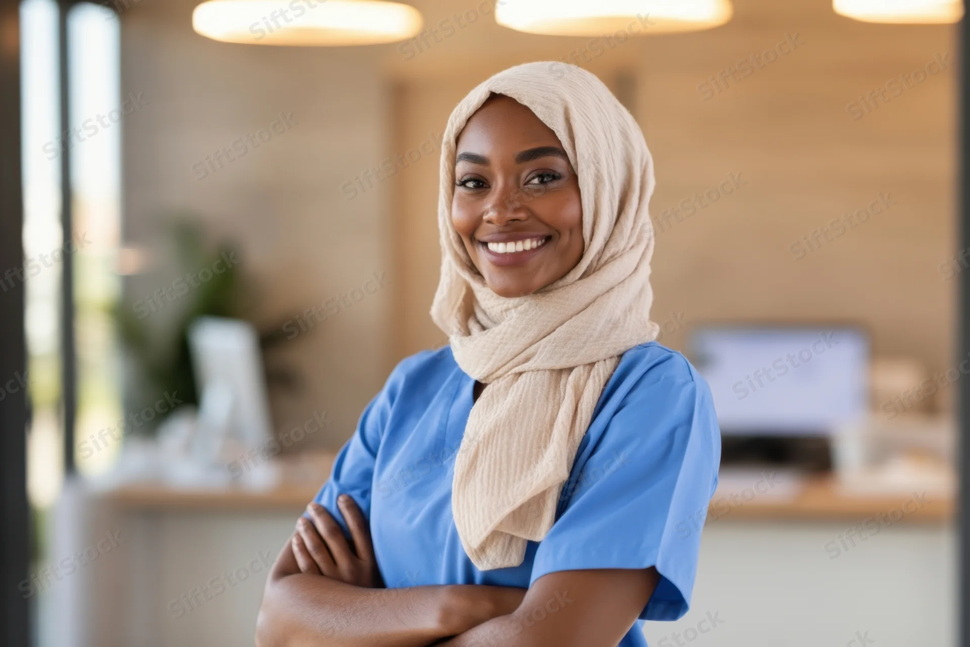 Smiling black woman in blue scrubs and beige hijab standing with arms crossed in a modern clinic office