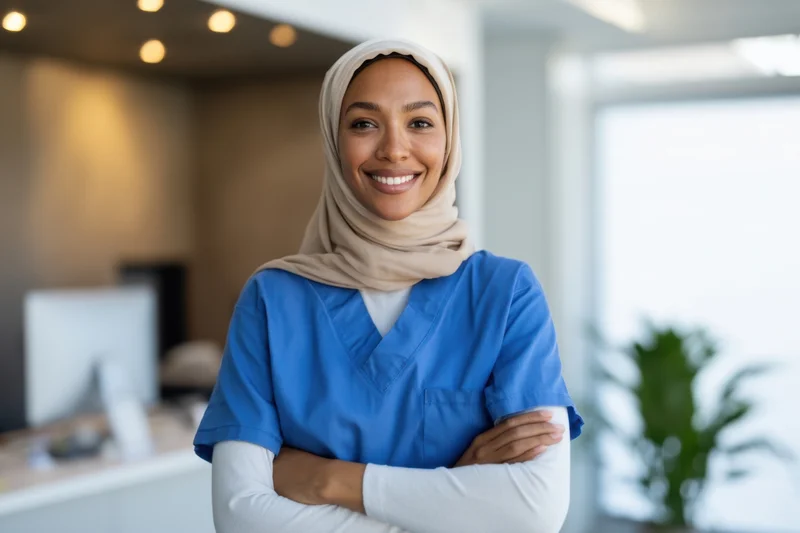 Smiling nurse in blue scrubs and beige hijab standing with arms crossed in a clinic office