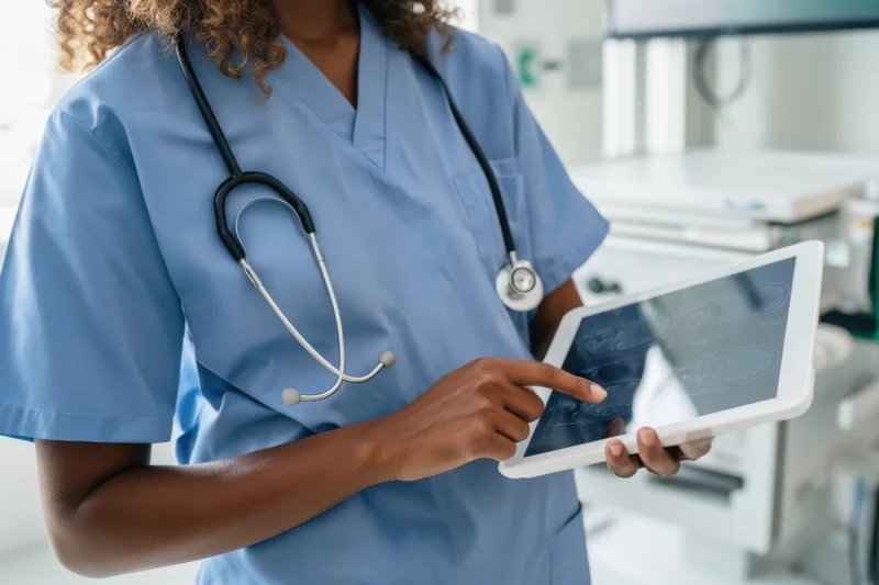 Nurse in blue scrubs holding tablet with medical scan in hospital setting