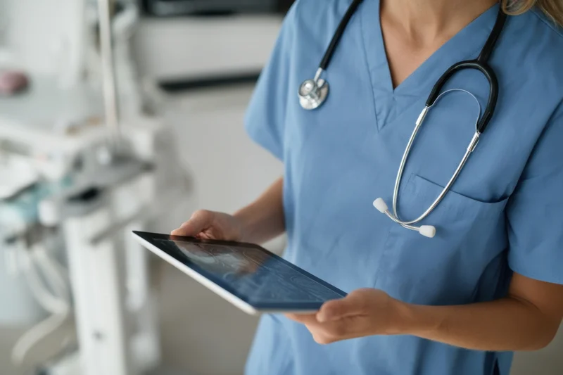 Nurse in blue scrubs holding tablet with medical scan in clinic