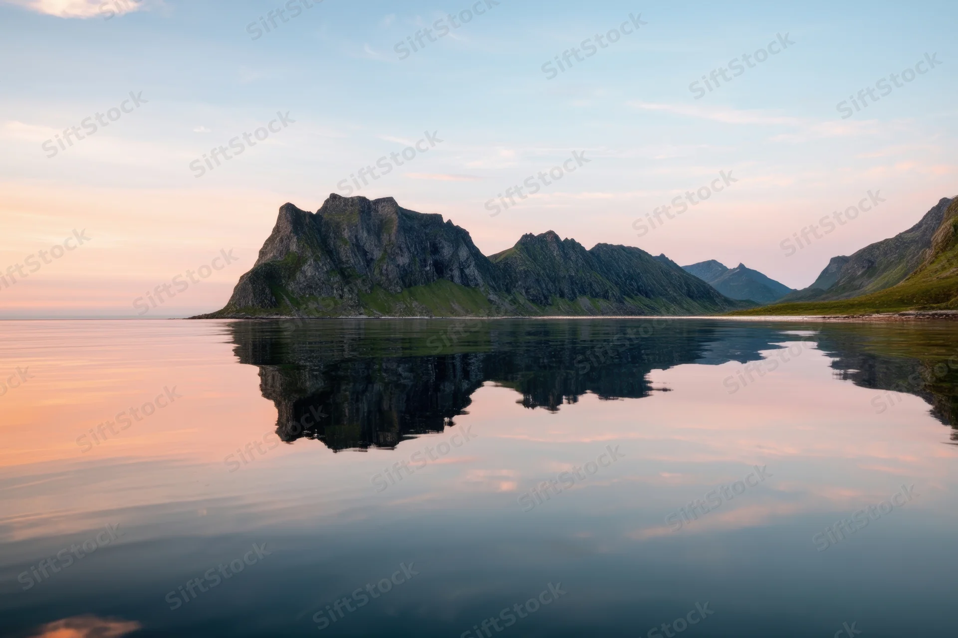 Jagged mountain island rising from glassy sea with clear reflection at twilight