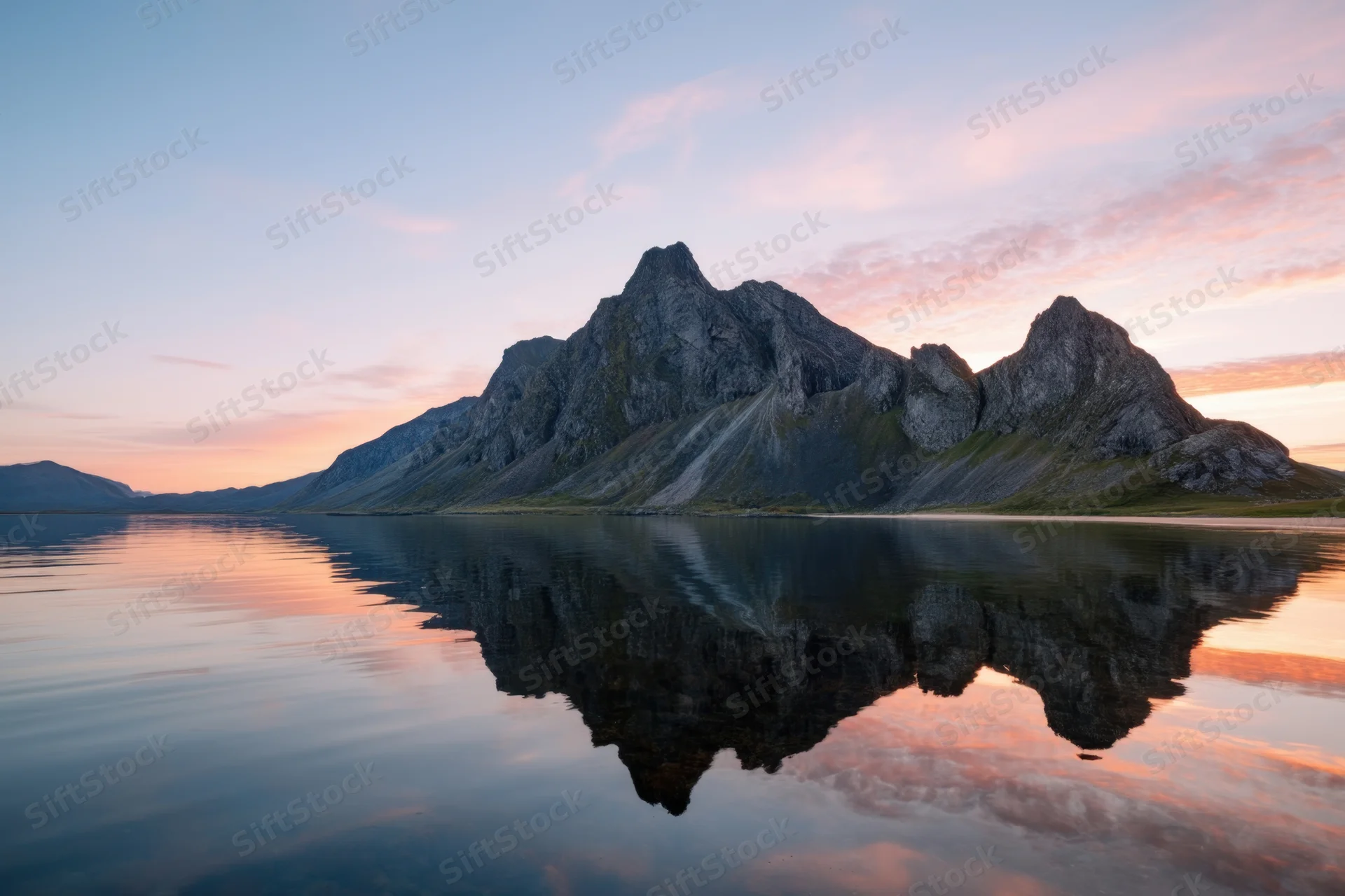 Jagged mountain island reflected in calm sea at sunset