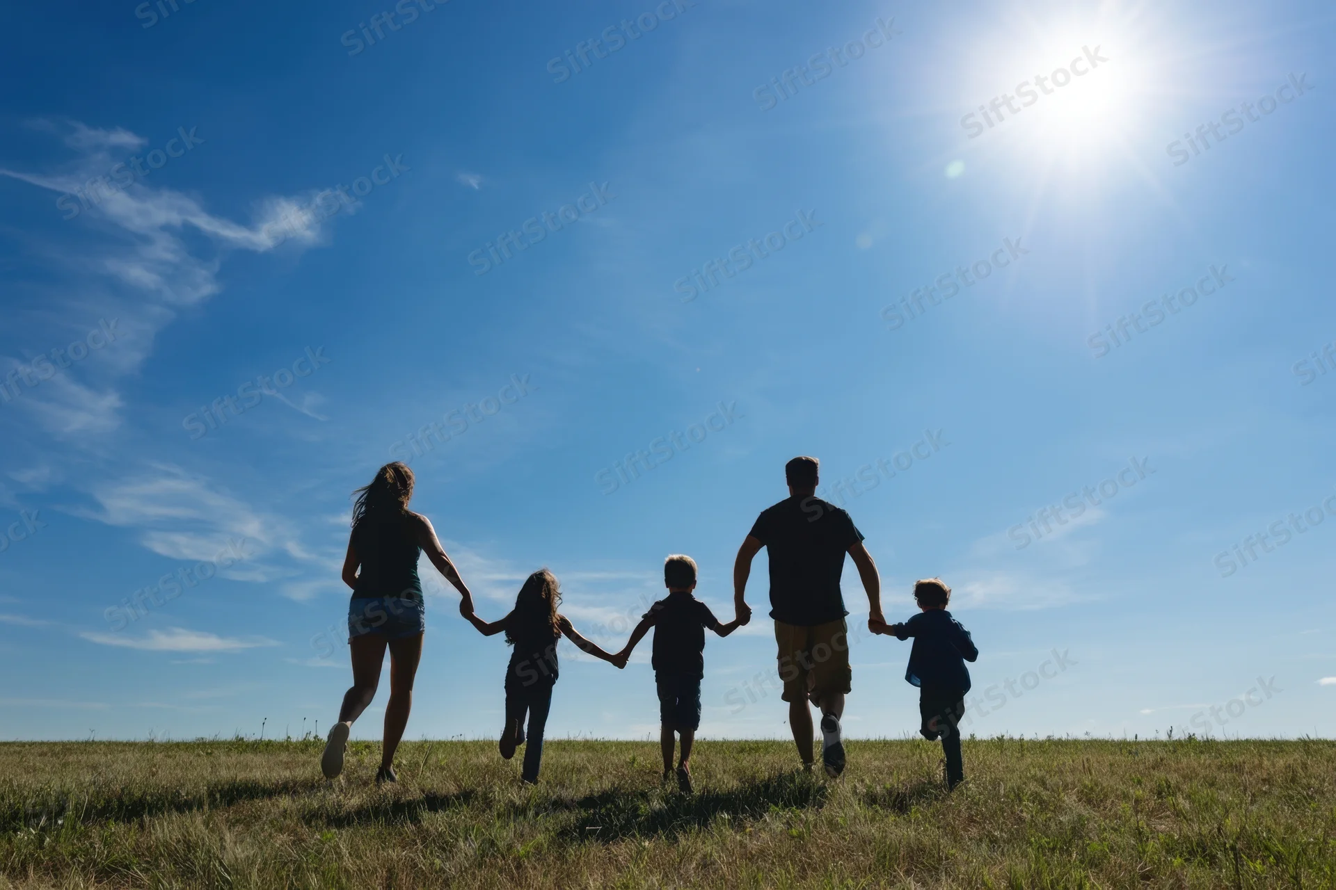 Family of five running hand-in-hand across a sunlit grassy field under a clear blue sky