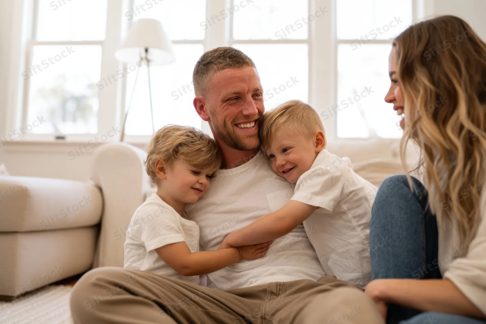Father hugging two young children while mother sits beside them on living room floor