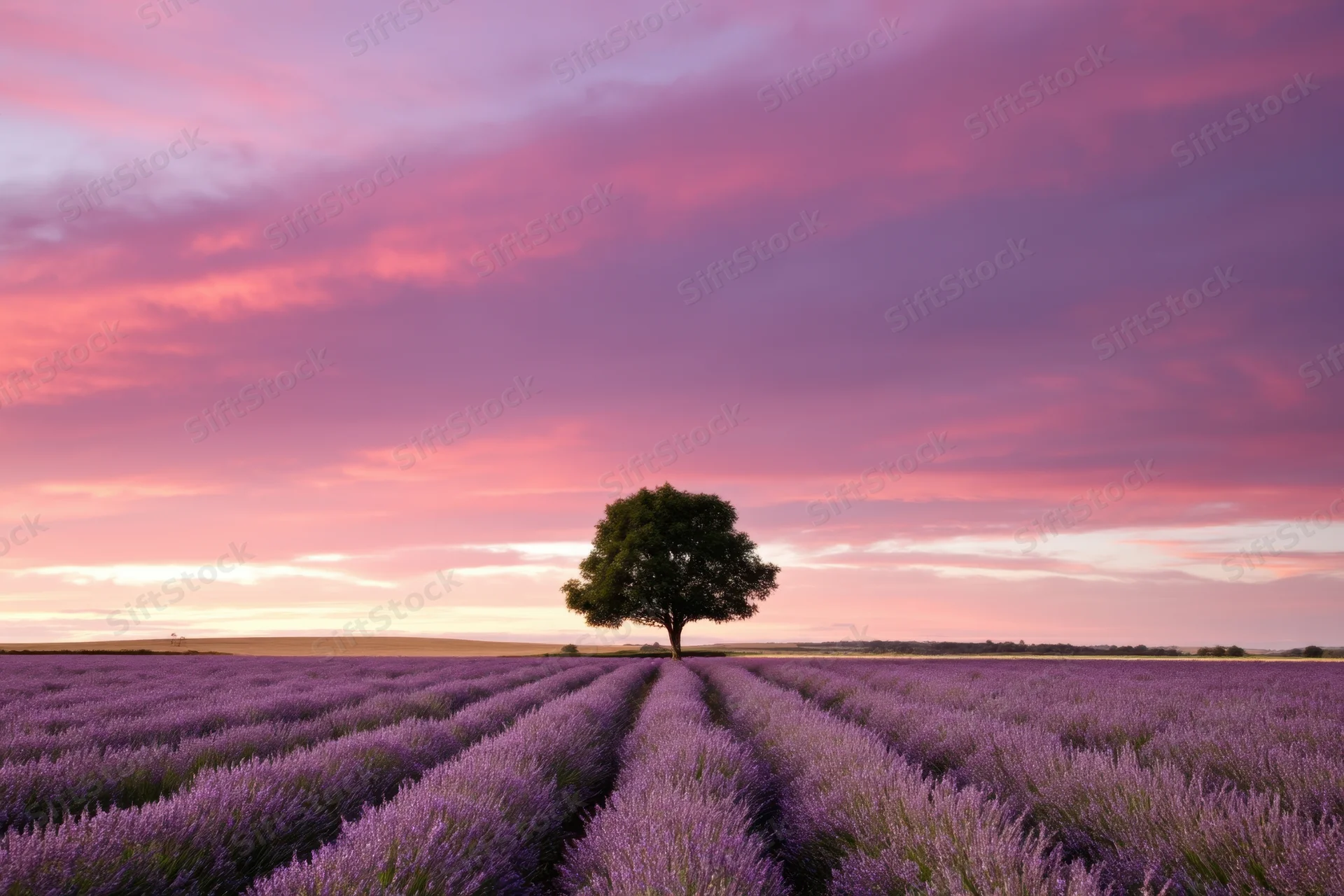 Lone tree centered in rows of lavender field at sunset