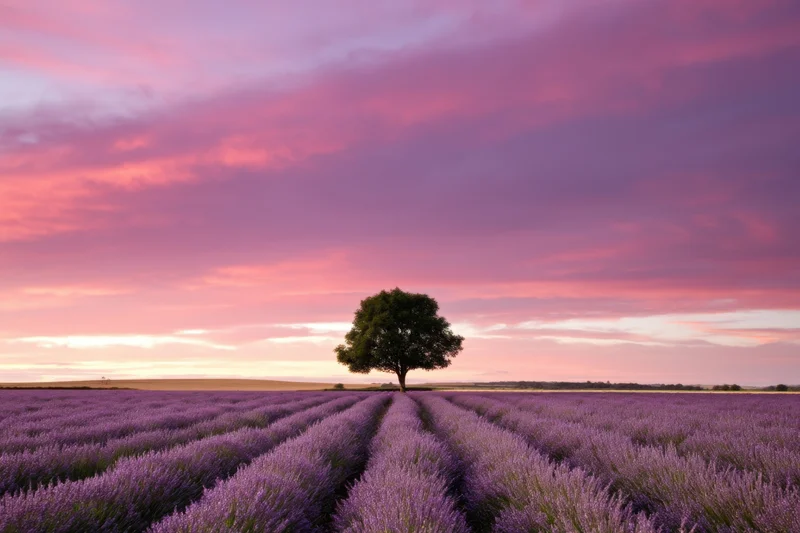 Lone tree centered in rows of lavender field at sunset