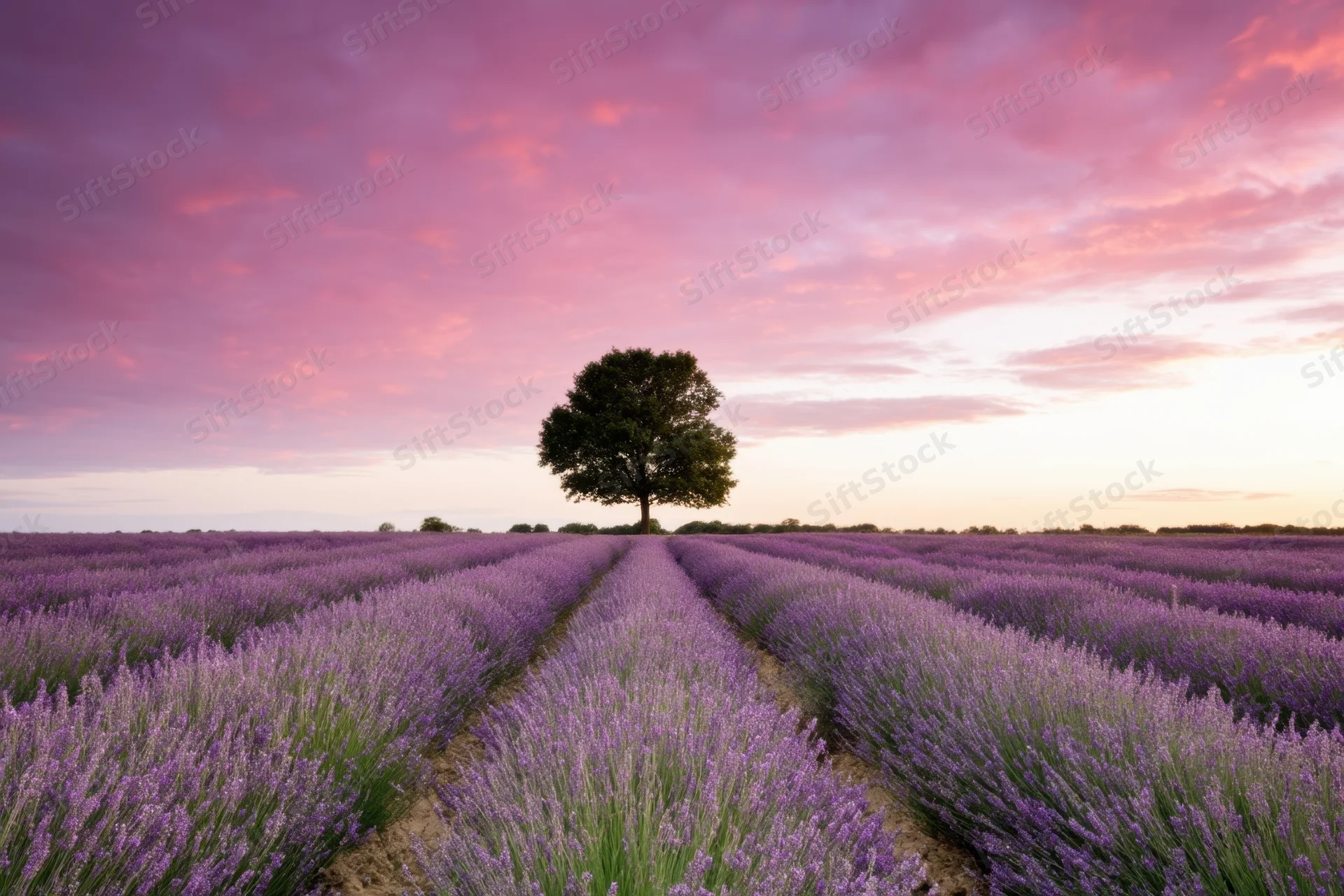 Lavender field with rows leading to a lone tree at sunset