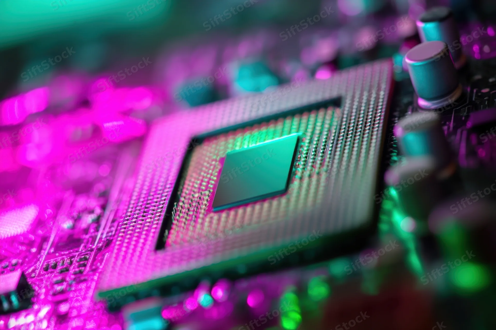 Close-up of a computer processor on a motherboard with neon pink and green lighting