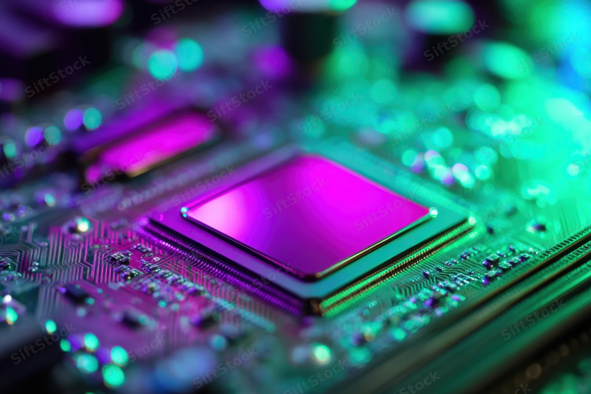 Close-up of a computer processor on a glowing circuit board with neon lighting