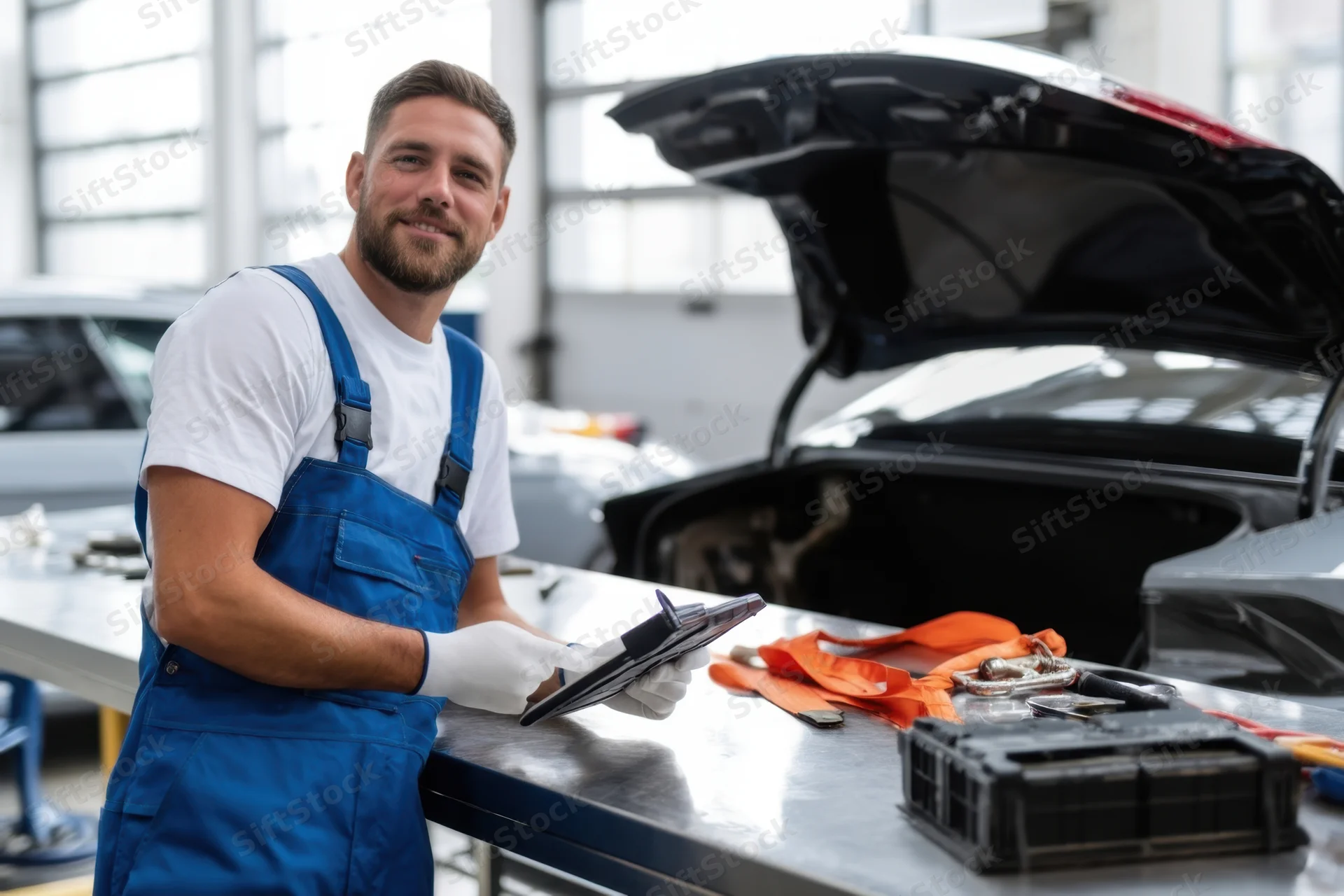 Mechanic in blue overalls holding tablet at workshop bench with open car hood behind