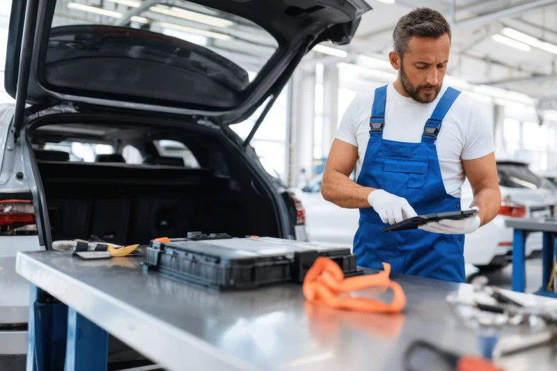 Mechanic in blue overalls using tablet at workbench in automotive repair garage