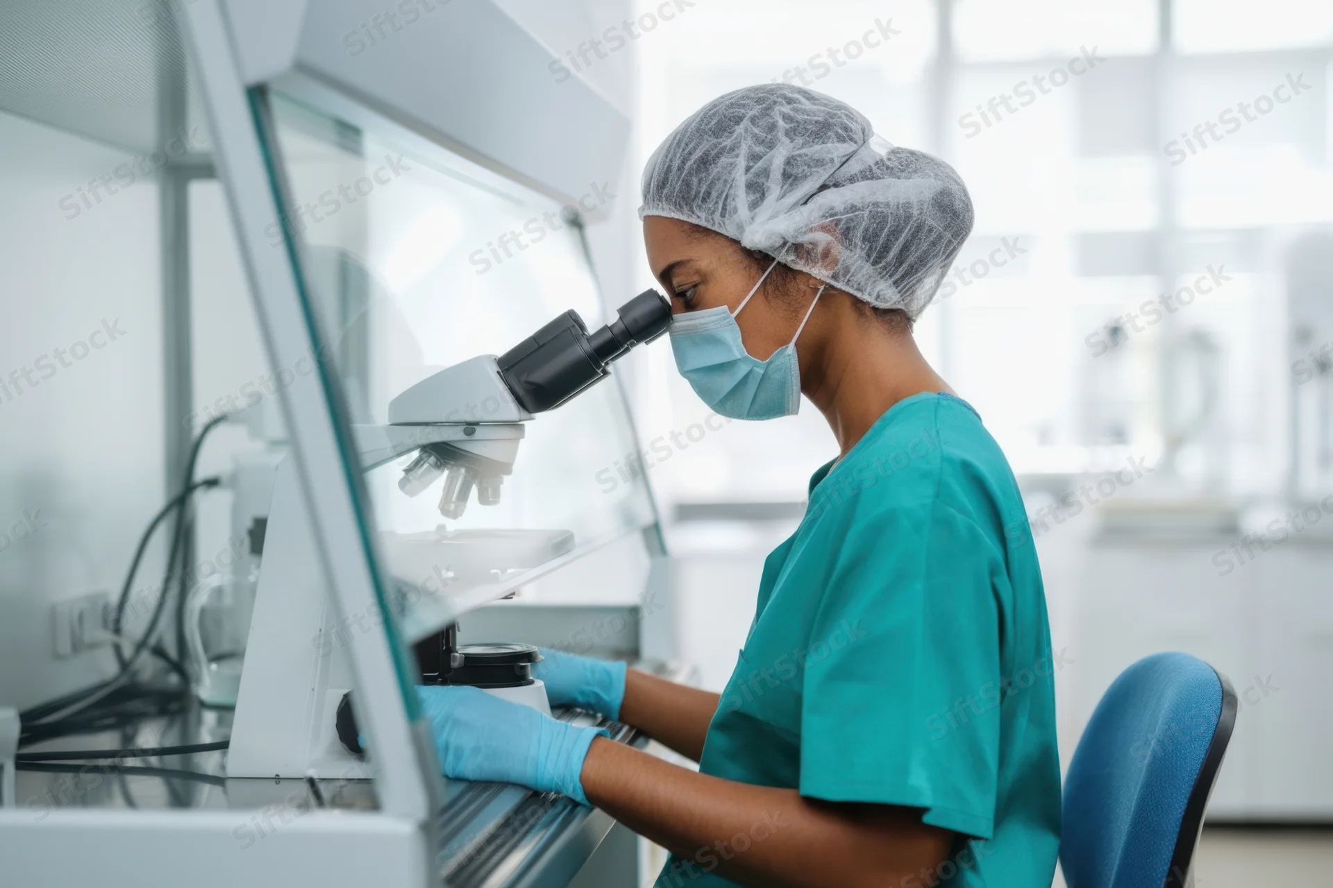 Woman in teal scrubs examining specimen under microscope in laboratory