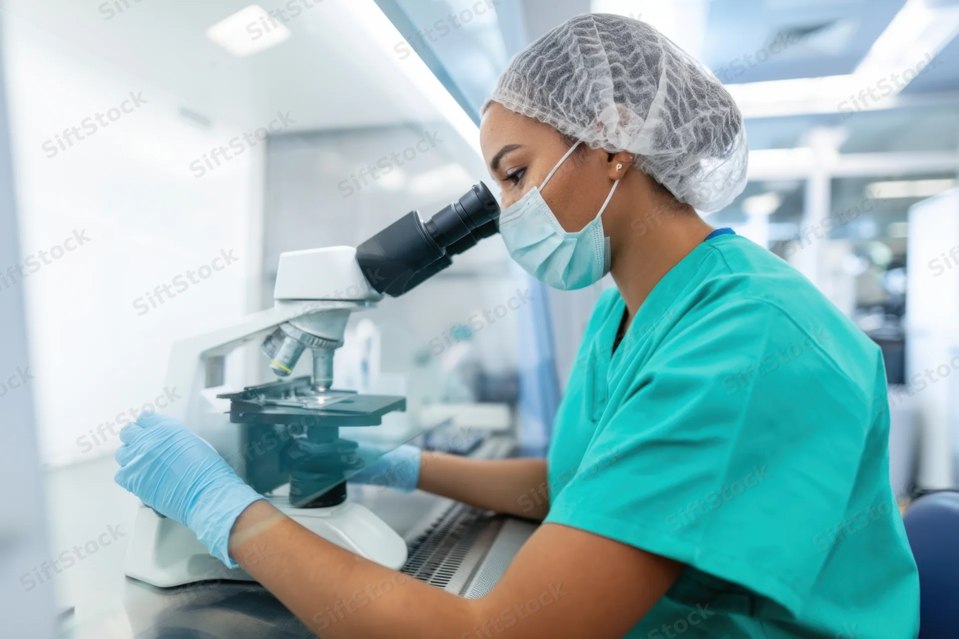 Woman in teal scrubs examining sample under microscope in laboratory