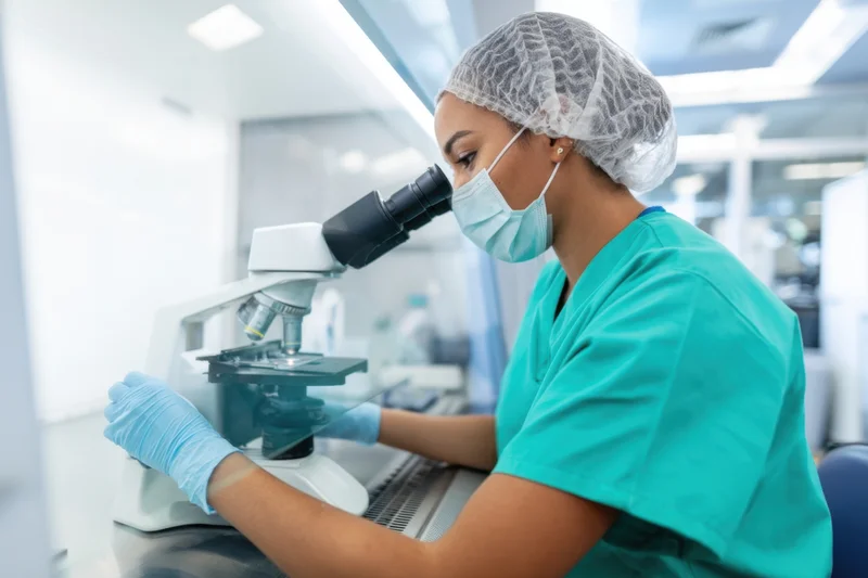 Woman in teal scrubs examining sample under microscope in laboratory