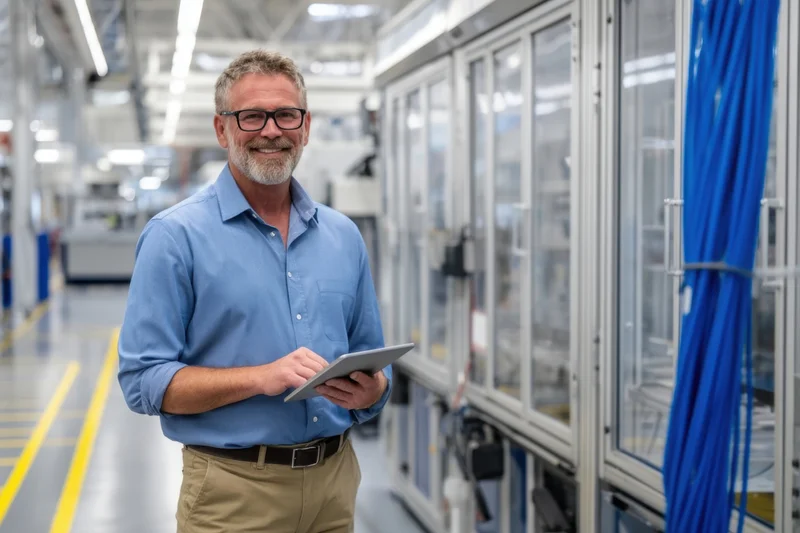 Middle-aged man in blue shirt holding tablet while standing in factory aisle