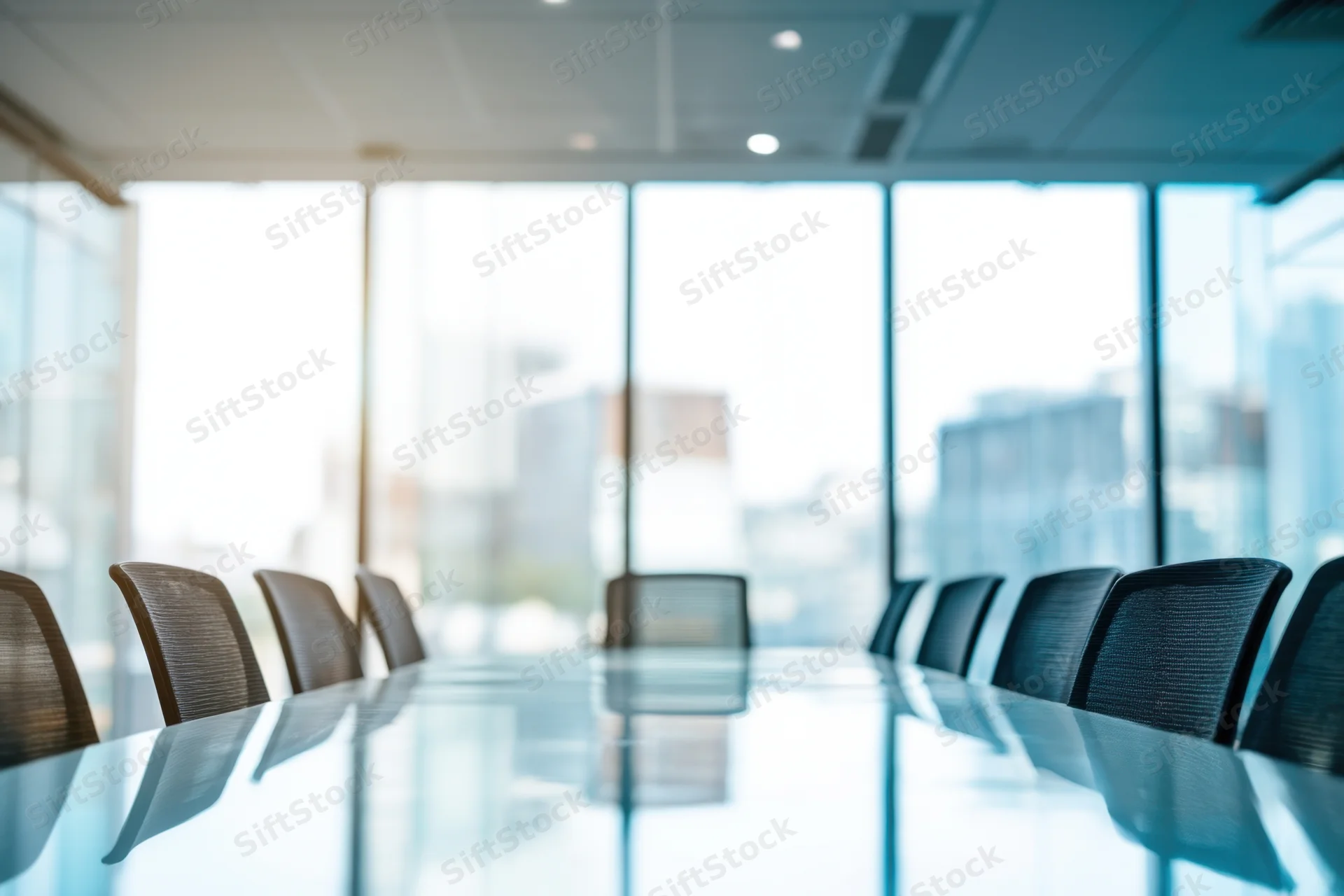 Long glass conference table with chairs arranged for meeting in modern office with city view through glass walls