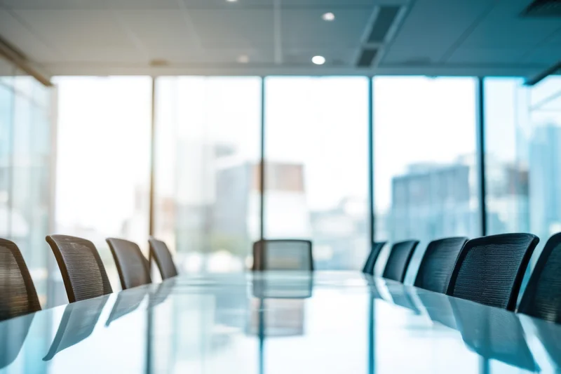 Long glass conference table with chairs arranged for meeting in modern office with city view through glass walls