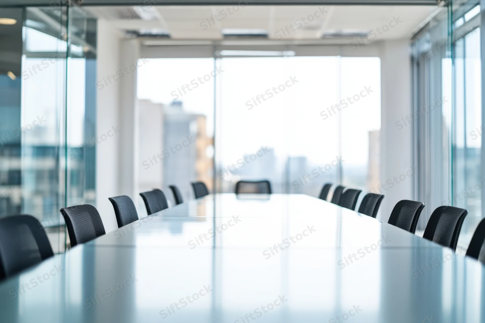 Long white conference table with black chairs in a modern glass-walled office boardroom overlooking city skyline