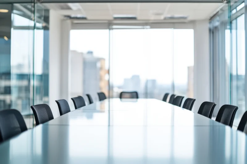 Long white conference table with black chairs in a modern glass-walled office boardroom overlooking city skyline