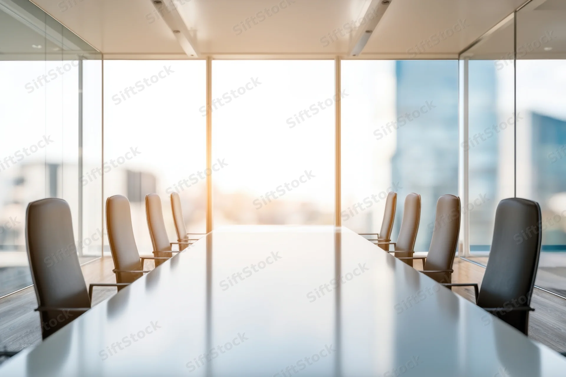 Long white conference table with chairs arranged along sides in modern office boardroom with glass walls and city view
