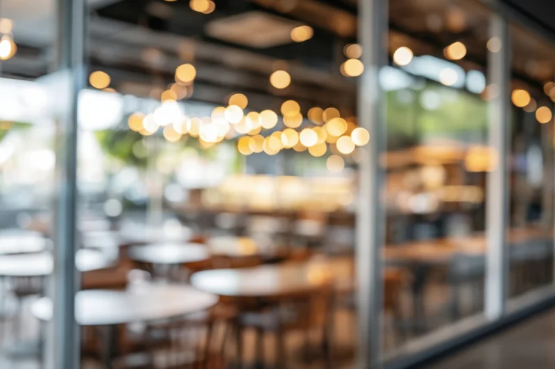 Blurred view of modern cafe interior through glass walls with warm bokeh lighting and dining tables inside