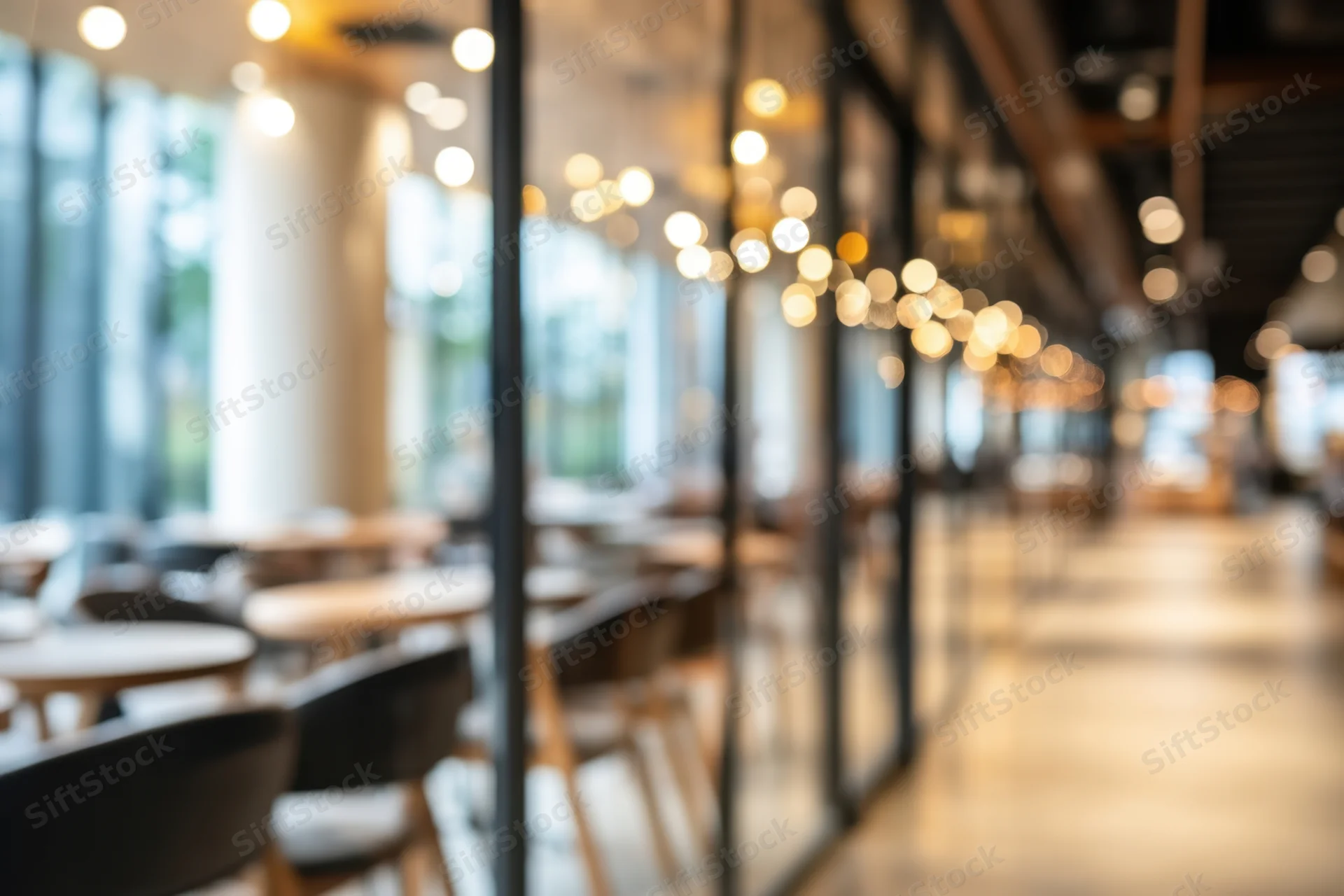 Modern cafe interior with glass walls and softly lit tables in a blurred view