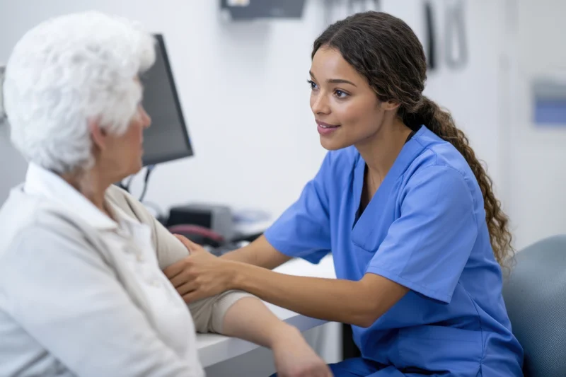 Nurse in blue scrubs consulting with elderly woman in clinic setting