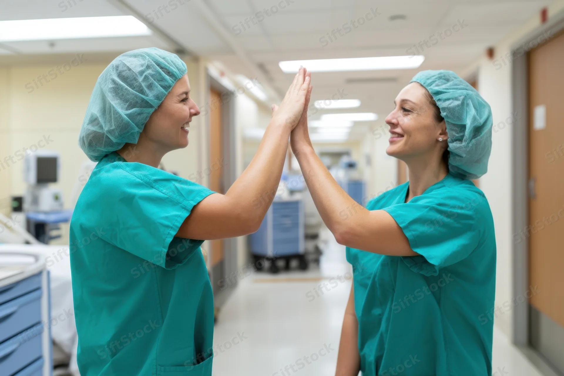 Two women in teal scrubs giving each other a high five in a hospital corridor