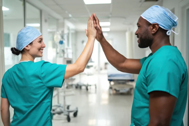 Two healthcare professionals in teal scrubs giving a high five in a hospital corridor