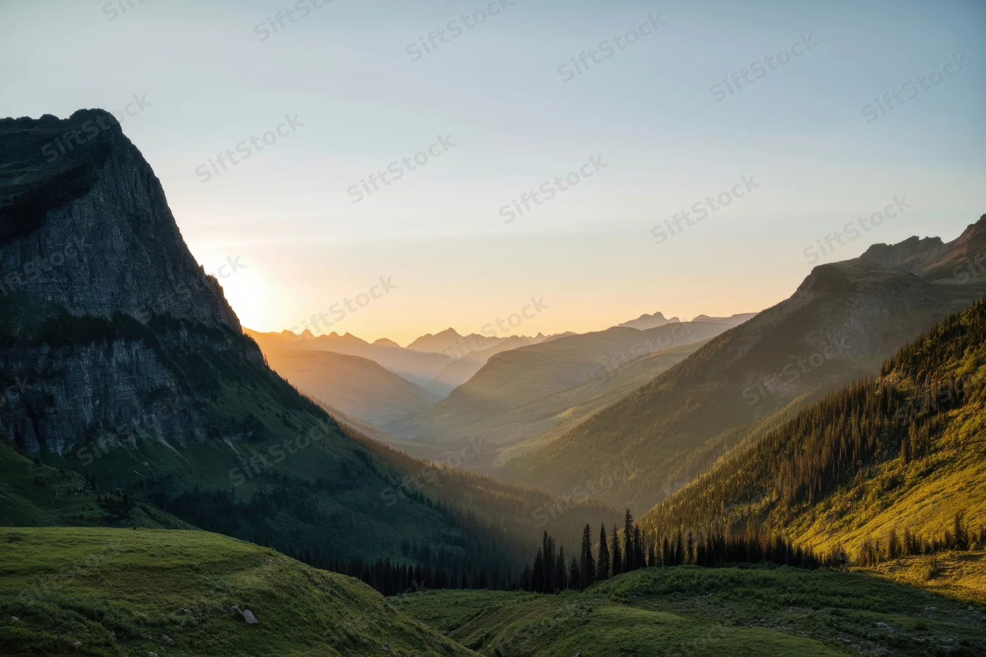 Panoramic mountain valley at sunset with rugged cliffs and lush green slopes