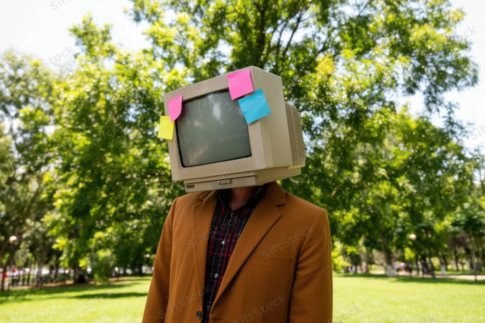 Person with vintage crt monitor for head wearing brown blazer in park