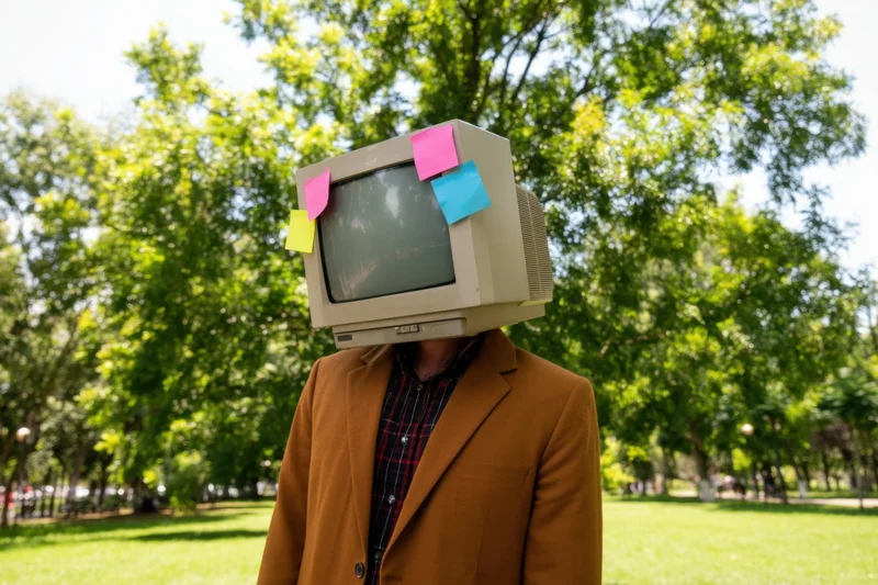 Person with vintage crt monitor for head wearing brown blazer in park