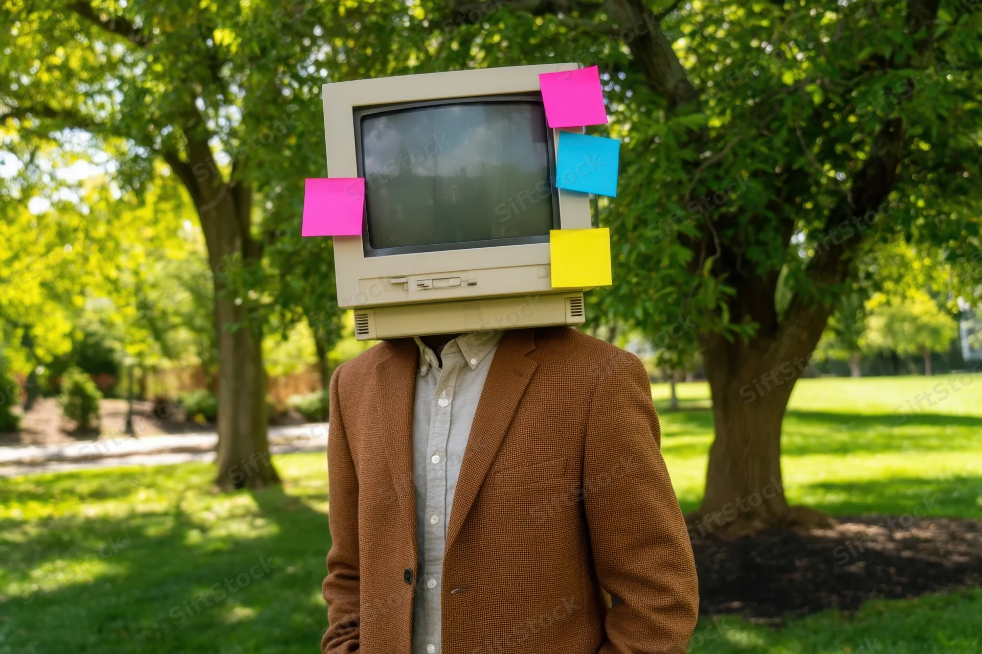 Person with vintage crt monitor for head wearing brown blazer in park