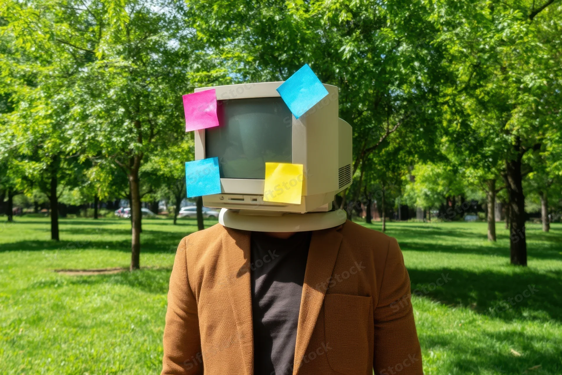 Person with vintage crt monitor for head wearing brown blazer in park