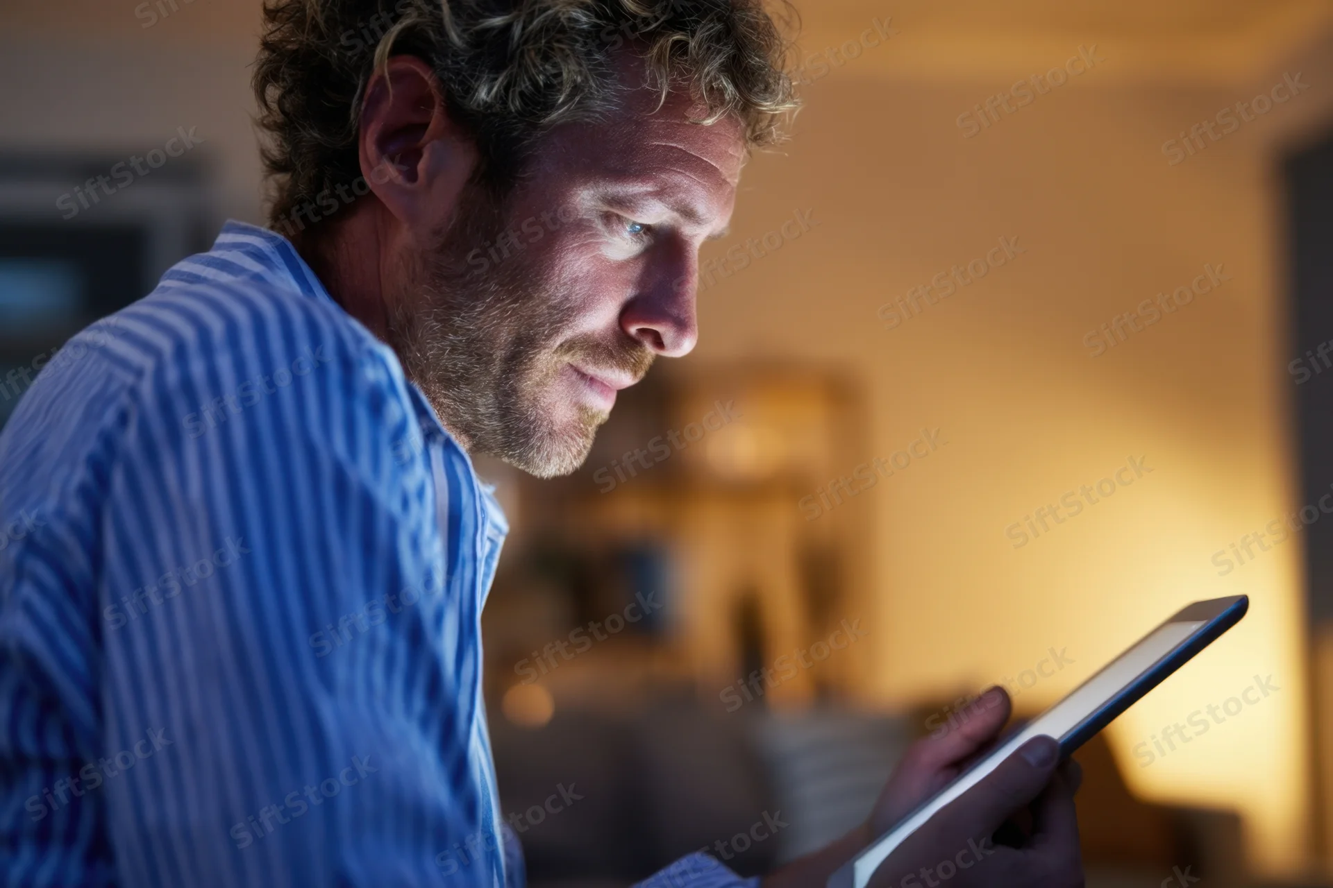 Man focused on tablet screen in dimly lit living room at evening