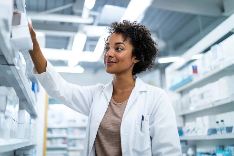 Pharmacist in white coat reaching for medication on shelf in pharmacy
