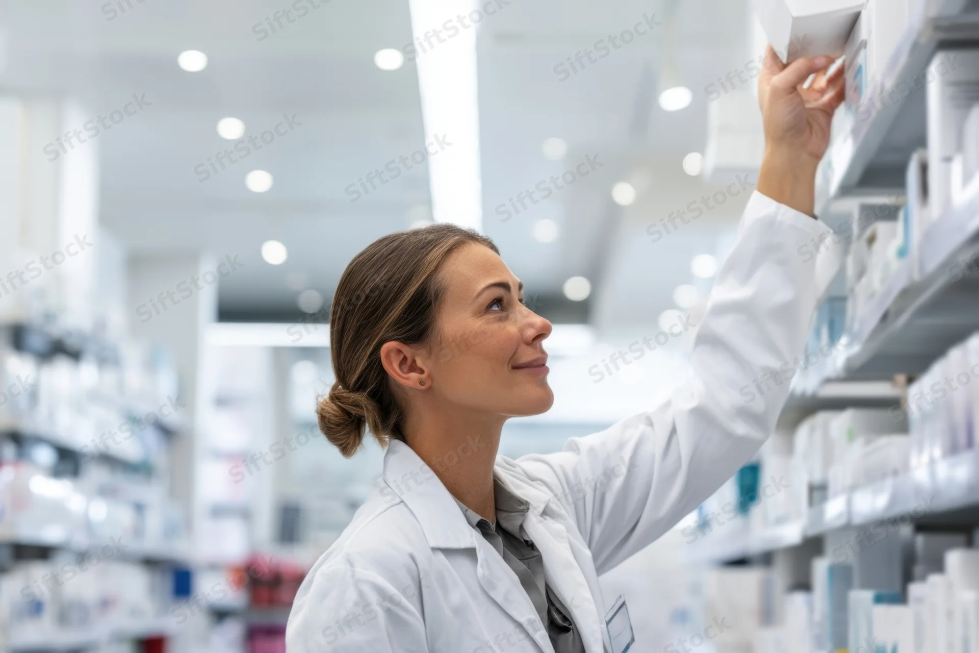 Pharmacist in white coat reaching for medication on shelf in pharmacy