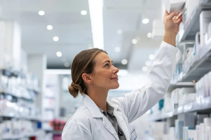 Pharmacist in white coat reaching for medication on shelf in pharmacy
