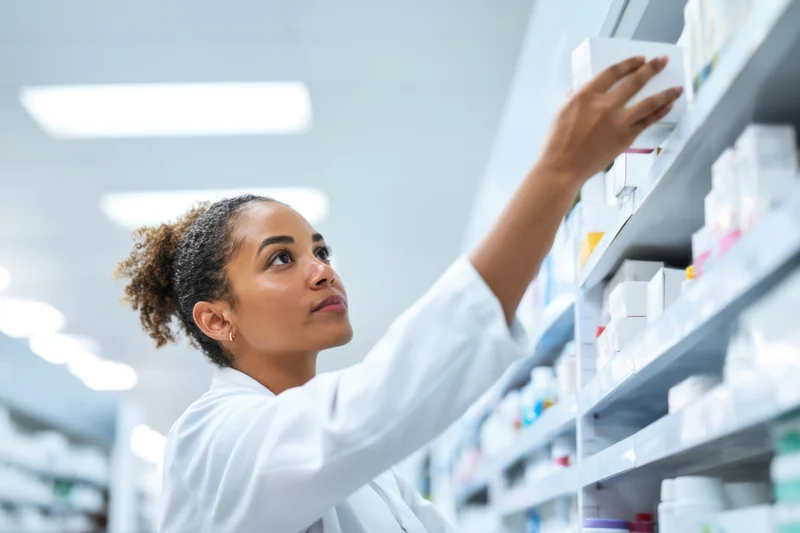 Pharmacist reaching for medication on a shelf in a pharmacy