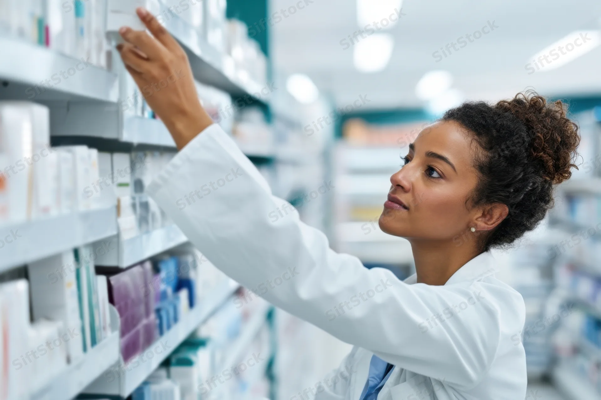 Pharmacist reaching for medication on a shelf in a pharmacy
