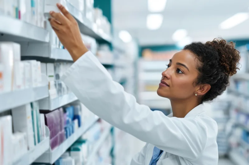 Pharmacist reaching for medication on a shelf in a pharmacy