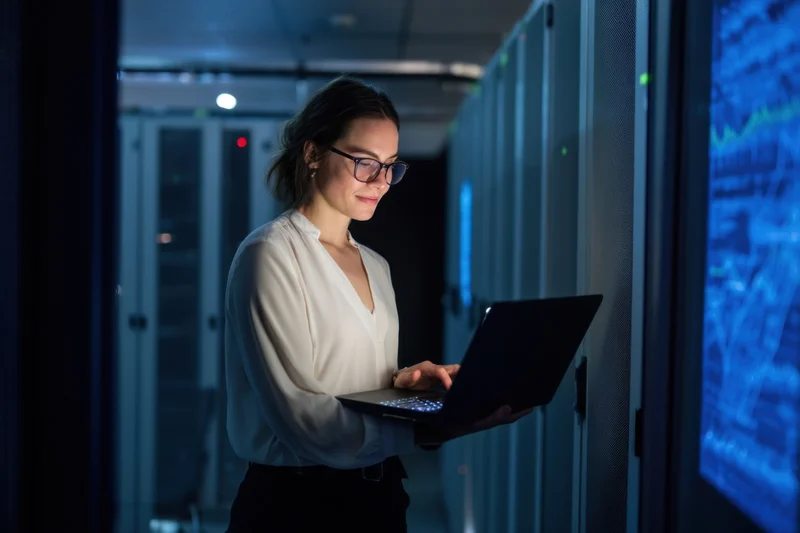 Woman in white blouse using laptop in server room corridor