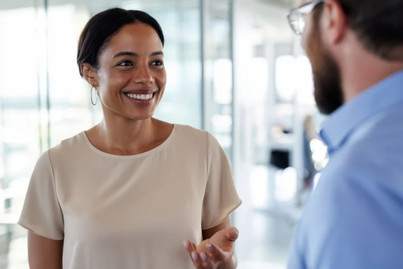 Woman smiling and gesturing during conversation with colleague in office
