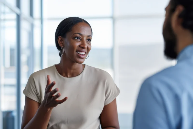 Woman smiling and gesturing during conversation with colleague in office setting