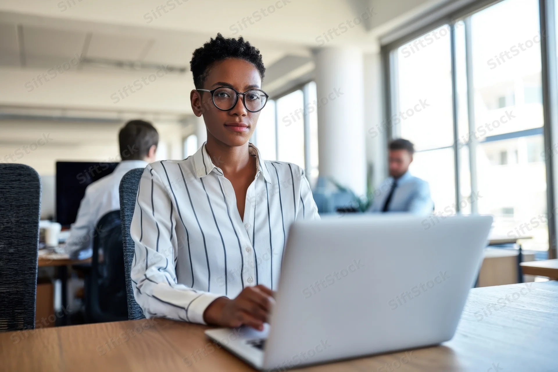 Woman in striped shirt using laptop at office desk with colleagues in background